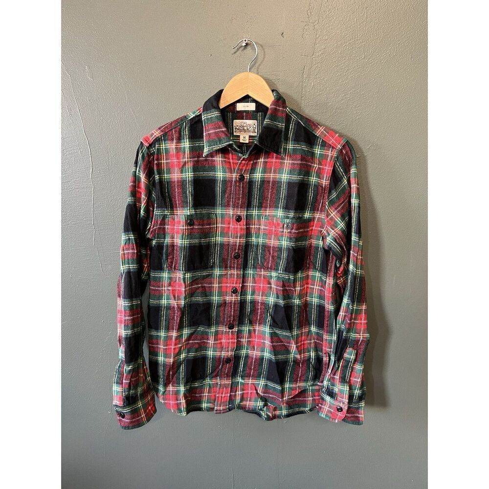 J. Crew Mens Red Plaid Mid Weight Button Up Long Sleeve Flannel Size Medium